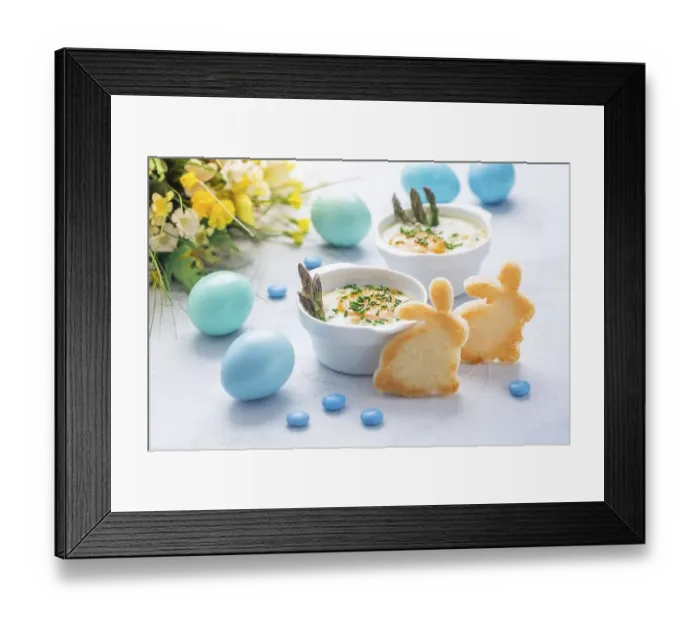 Framed Print : Shirred eggs (Oeuf cocotte) or baked eggs with green asparagus with Easter toast bunny and eggs