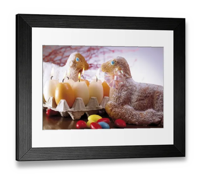 Framed Print : Easter lambs (baked goods) and Easter egg candles