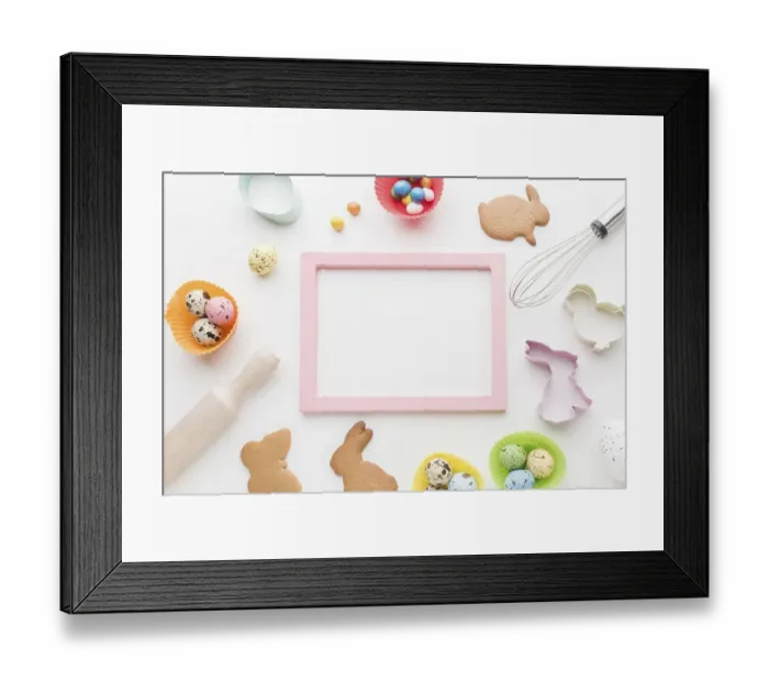 Framed Print : Top view frame with easter bunny cookies kitchen utensils Framed Print : Top view frame with easter bunny cookies kitchen utensils