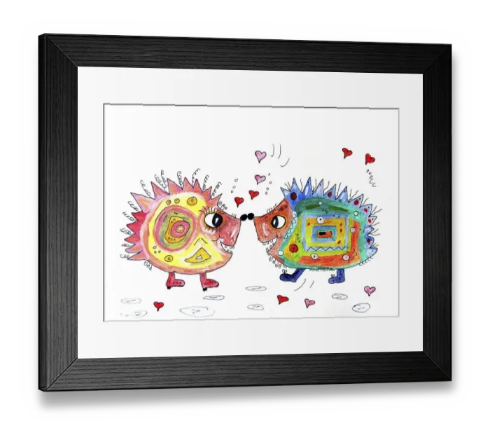 Framed Print : Two hedgehogs in love, naive painting