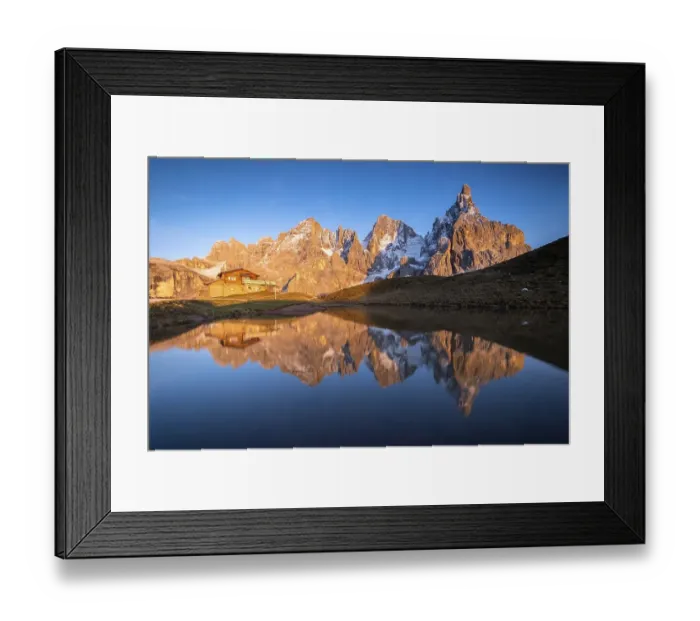 Framed Print : Laghetto Baita Segantini at sunset