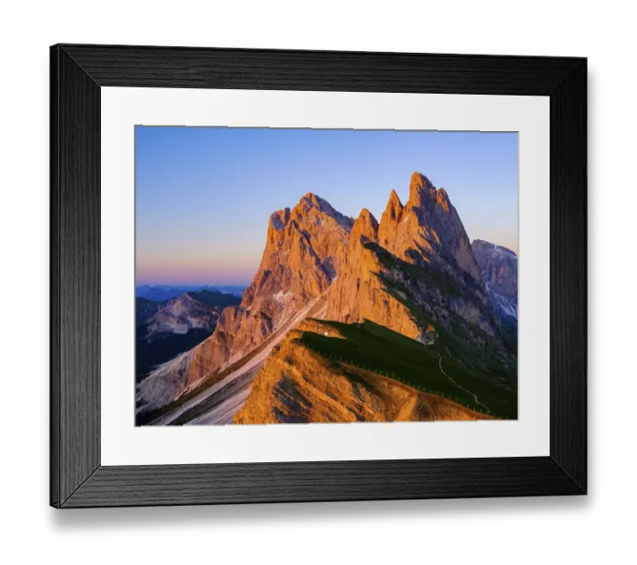 Framed Print : Alpenglow, Fermeda Towers, Geisler Peaks