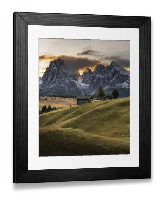 Framed Print : Sunrise, Hiker, Alpine meadows with huts and trees