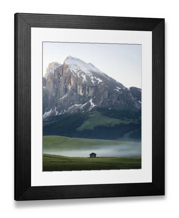 Framed Print : Single hut on foggy meadow in front of Plattkofel