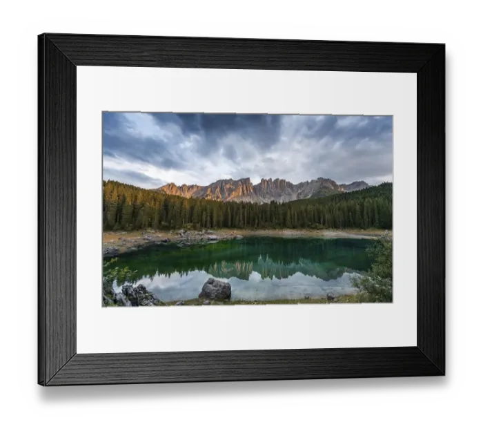 Framed Print : Sunset, dramatic clouds, Latemar group reflected in the Karersee Framed Print : Sunset, dramatic clouds, Latemar group reflected in the Karersee