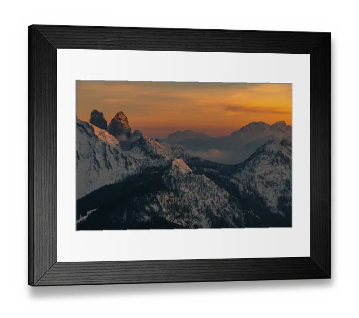 Framed Print : Snow-covered mountain peaks of the Bosconero group at sunset