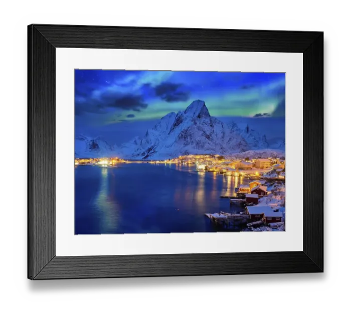 Framed Print : Reine village illuminated at night with Aurora Borealis Framed Print : Reine village illuminated at night with Aurora Borealis