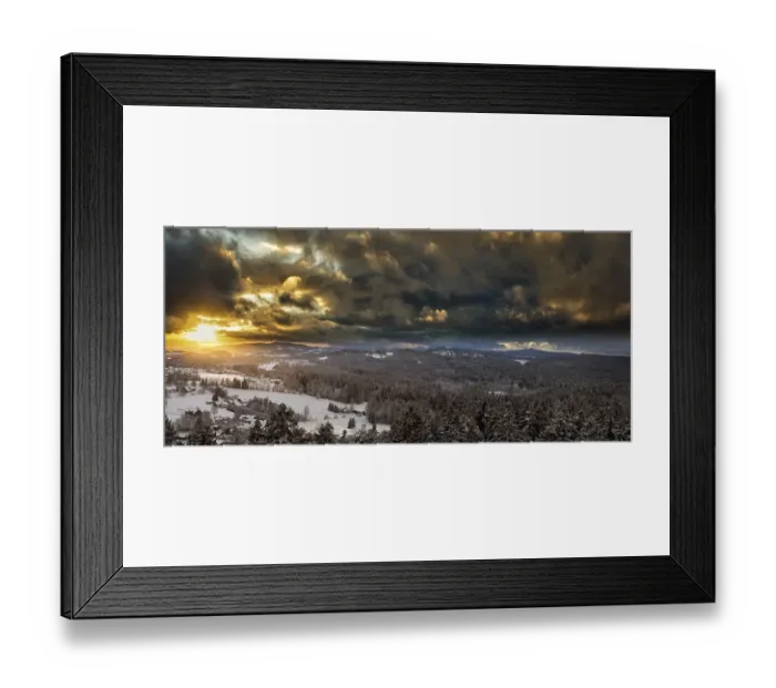 Framed Print : Sunset over the snowy winter landscape near Neuschoenau