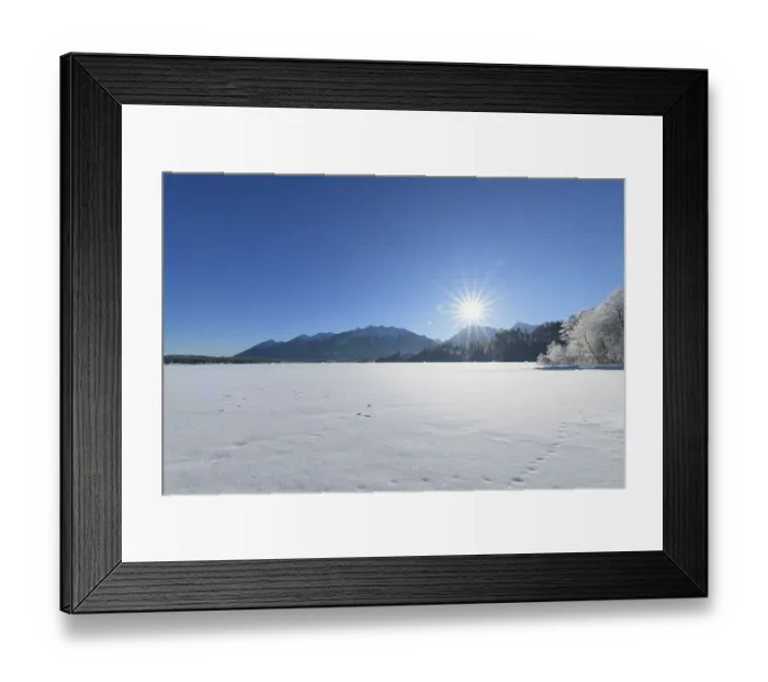 Framed Print : Frozen lake Barmsee with Karwendel mountainrange on morning with sun in winter