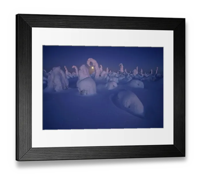Framed Print : Snowy landscape with full moon