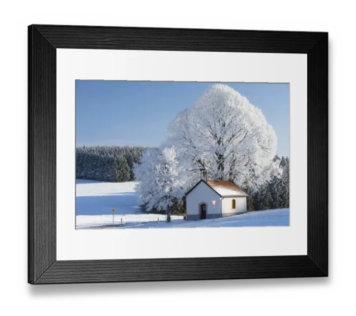 Framed Print : Chapel in front of tree in frost