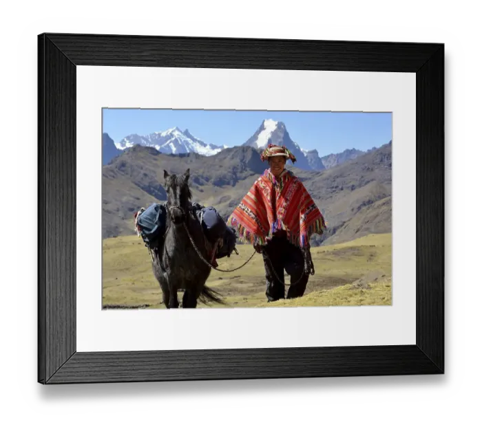 Framed Print : Indio mountain guide with colorful poncho and horse Framed Print : Indio mountain guide with colorful poncho and horse