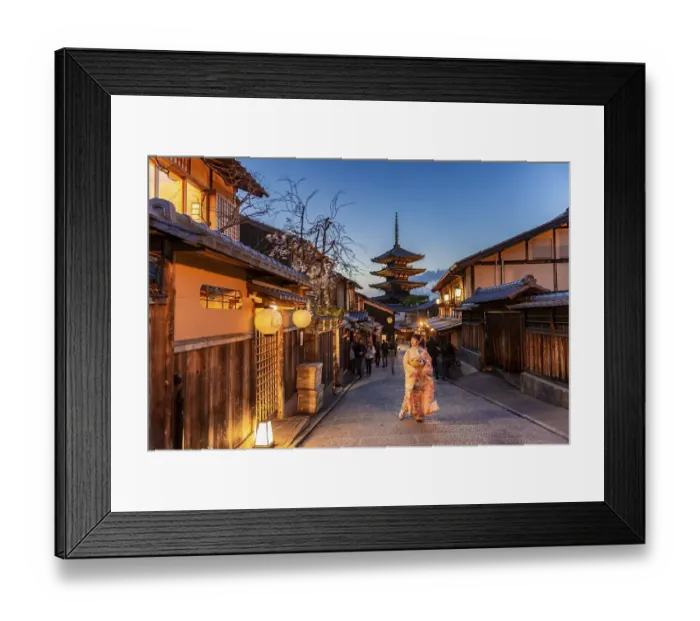 Framed Print : Woman in kimono in a lane, Yasaka dori historical alleyway in the old town with traditional Japanese houses