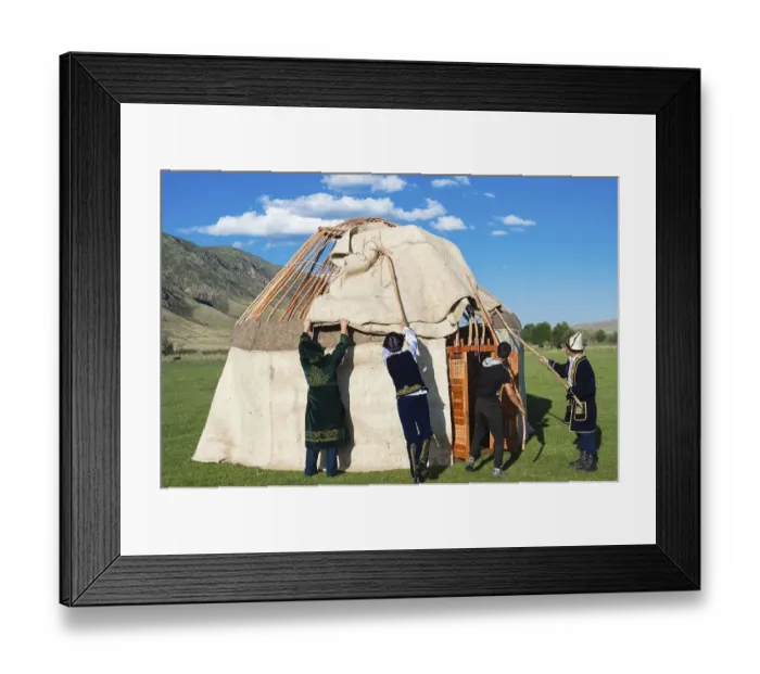 Framed Print : Kazakh men building a yurt, For editorial use only
