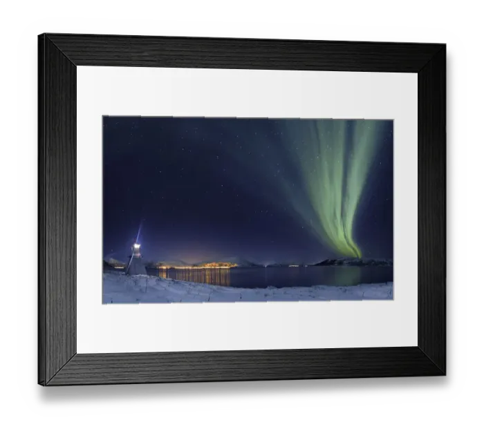 Framed Print : Aurora over fjord with lighthouse in winter Framed Print : Aurora over fjord with lighthouse in winter