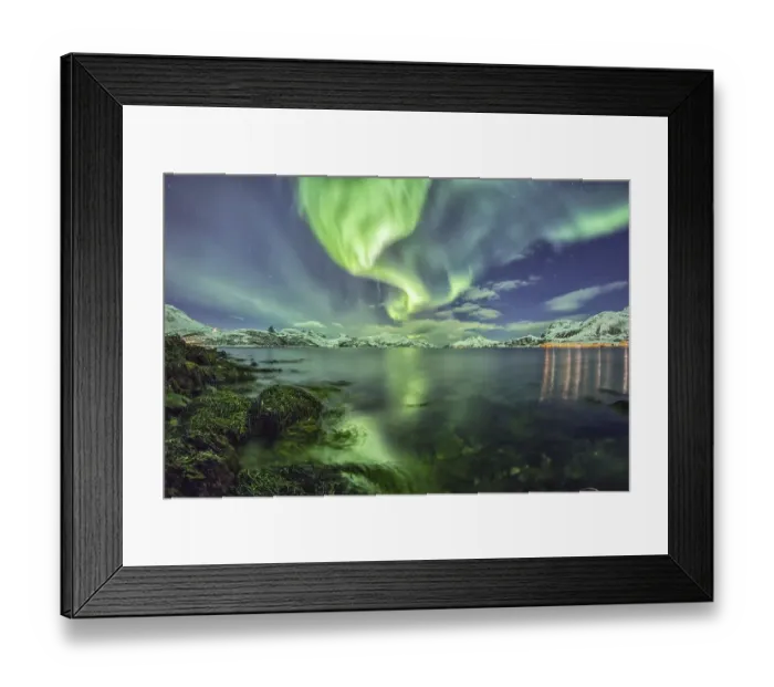 Framed Print : Northern lights at a fjord in Tromso Framed Print : Northern lights at a fjord in Tromso