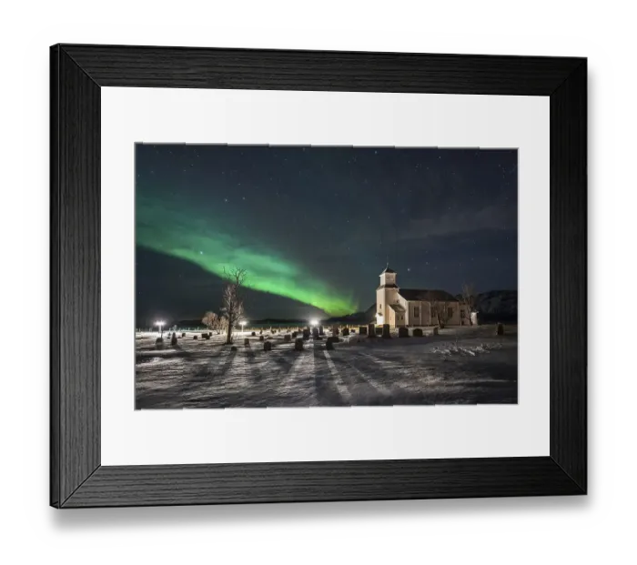 Framed Print : Northern lights over cemetery and church of Gimsoy