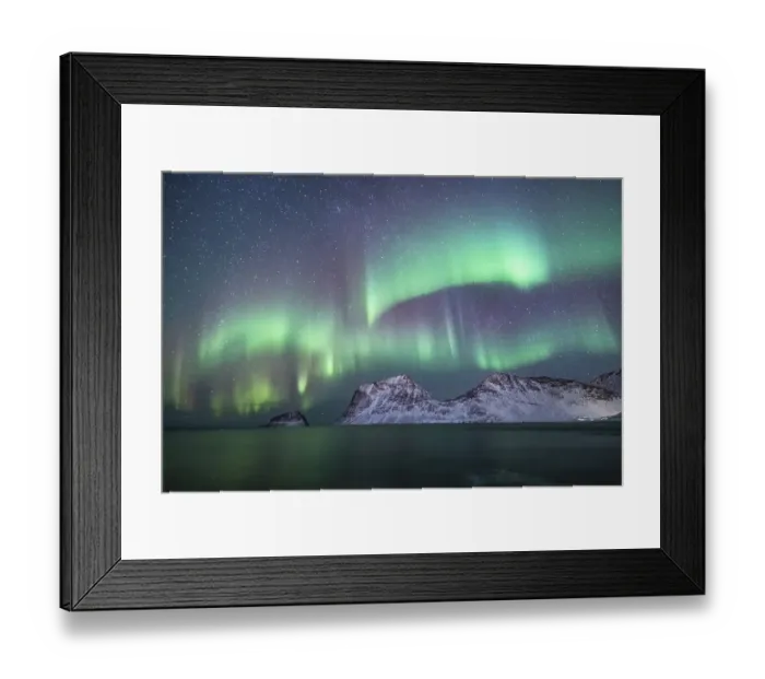 Framed Print : Northern Lights over Snowy Bergen Framed Print : Northern Lights over Snowy Bergen