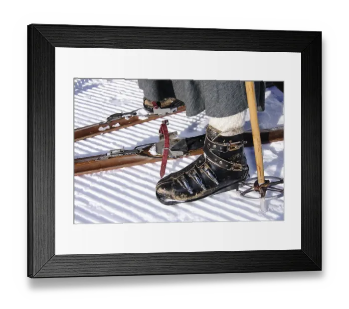 Framed Print : Old cable drum ski binding, nostalgic ski race