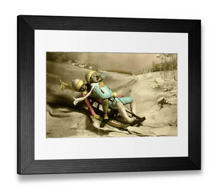 Framed Print : Historic photograph, two children riding a sled Framed Print : Historic photograph, two children riding a sled