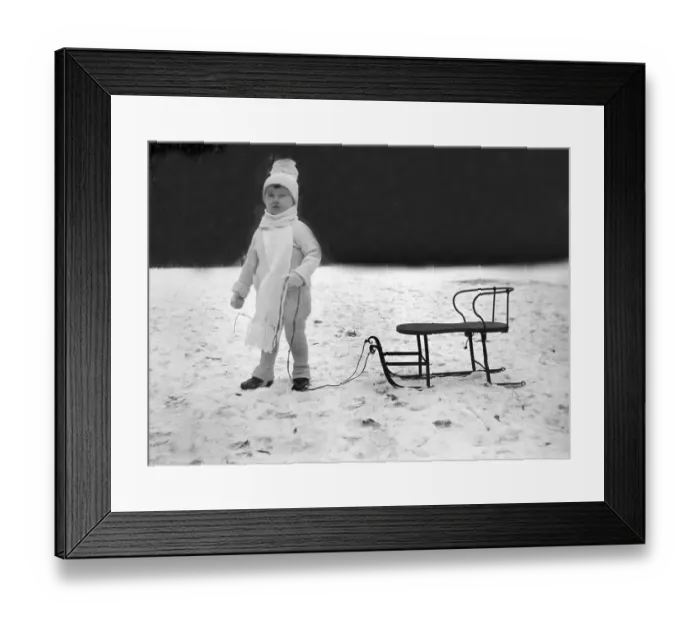 Framed Print : Historic photograph, child with sled, around 1918 Framed Print : Historic photograph, child with sled, around 1918