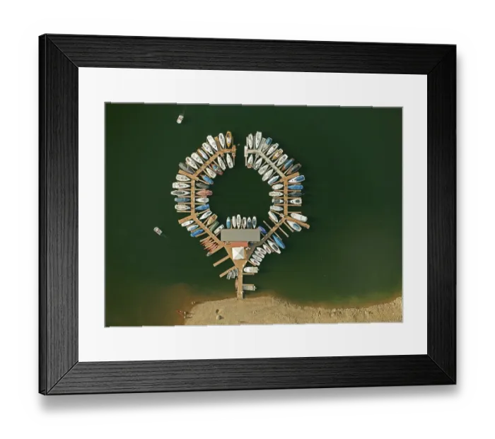 Framed Print : Aerial view, boats moored on lake Rurstausee
