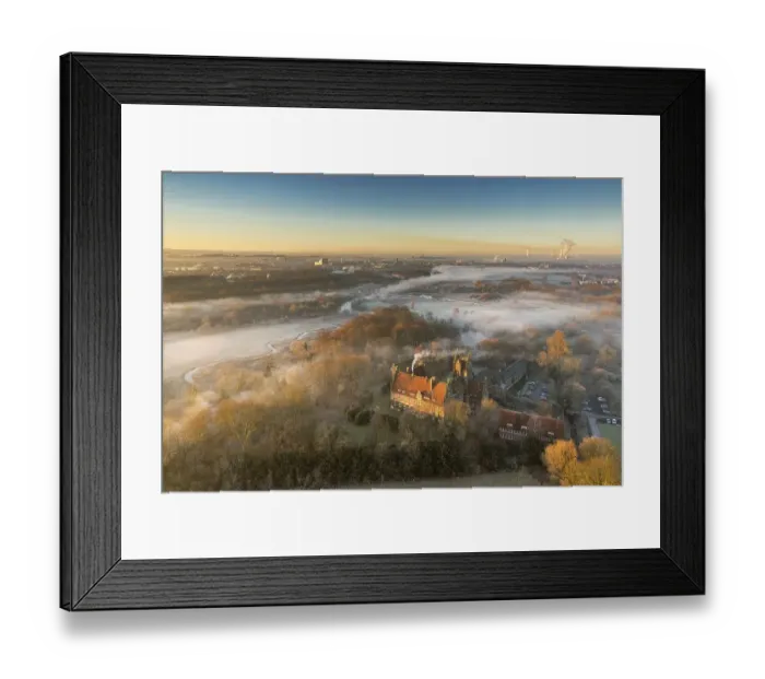 Framed Print : Aerial view, morning mist, Schloss Heessen castle boarding school Framed Print : Aerial view, morning mist, Schloss Heessen castle boarding school