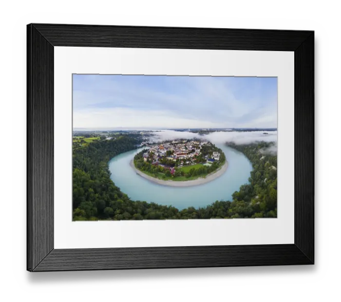 Framed Print : Old town in river bend of the Inn with fog