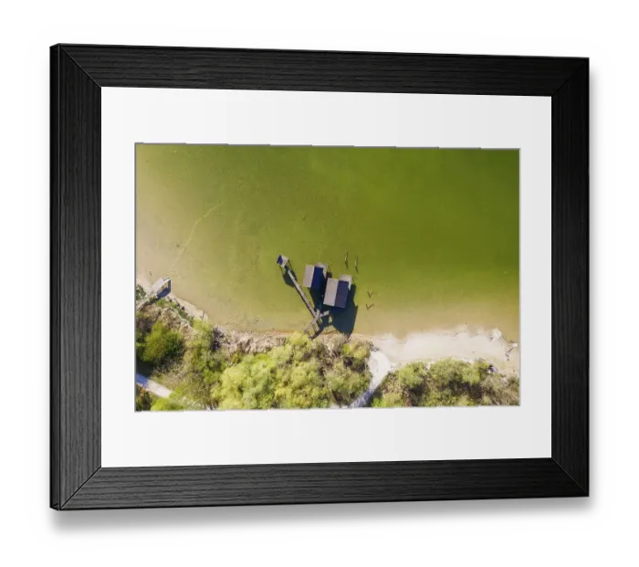Framed Print : Boathouses in the Lake Ammer from above