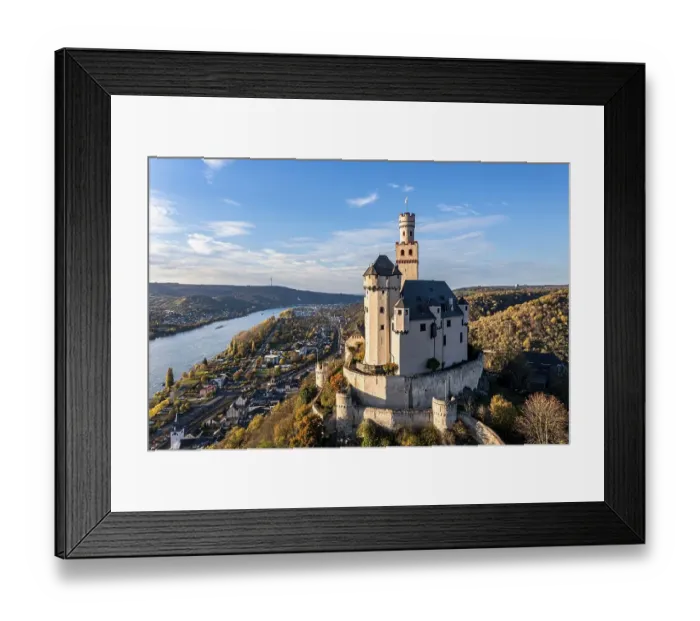 Framed Print : Aerial view of the Rhine Valley with the Marksburg Castle Framed Print : Aerial view of the Rhine Valley with the Marksburg Castle
