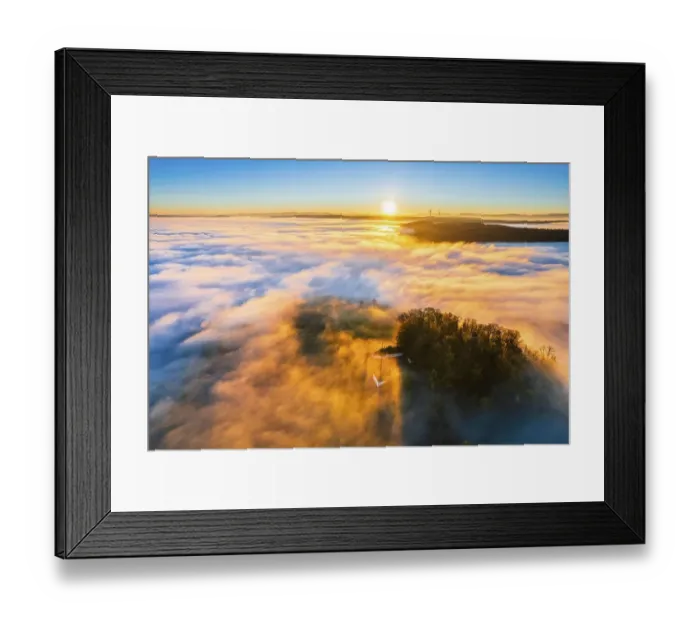 Framed Print : Drone view of sunrise with clouds over valley Remstal in autumn