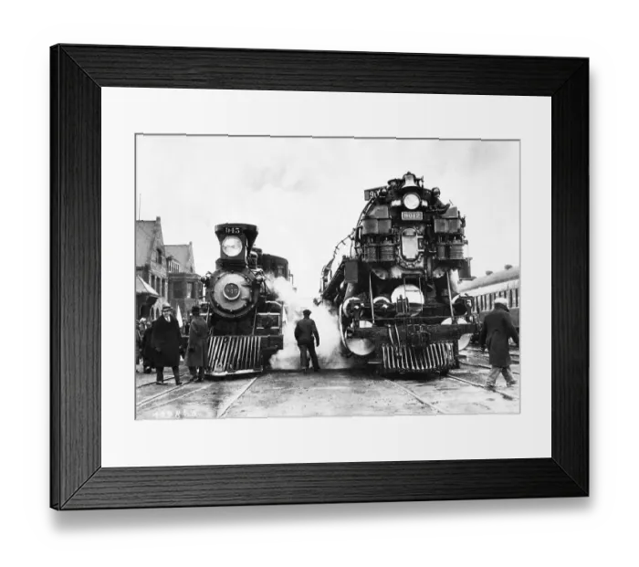 Framed Print : Two steam engines, historical photo, circa 1920 Framed Print : Two steam engines, historical photo, circa 1920