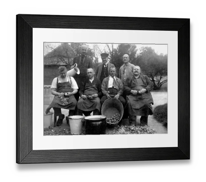 Framed Print : Historic photo, men peeling potatoes, ca. 1915 Framed Print : Historic photo, men peeling potatoes, ca. 1915