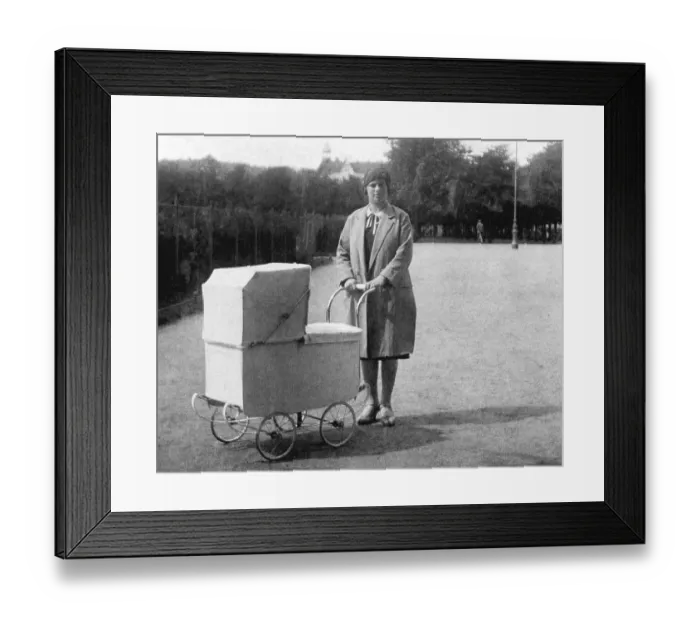 Framed Print : Woman with a pram, historic photograph Framed Print : Woman with a pram, historic photograph