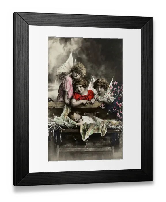 Framed Print : Angels standing by the crib, Christmas
