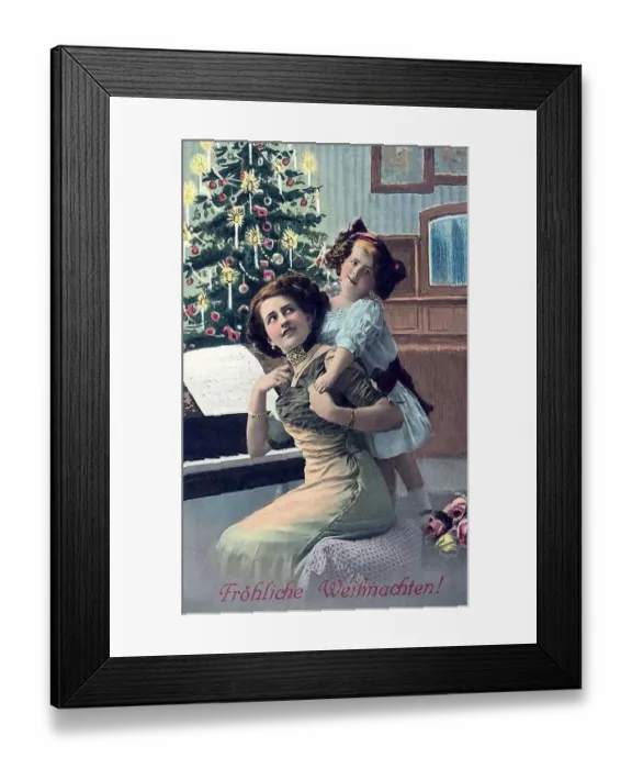 Framed Print : Woman and child sitting in front of the Christmas tree