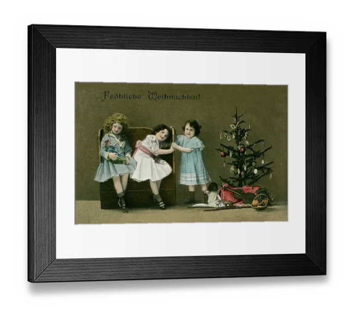Framed Print : Children sitting on a bench, Christmas tree Framed Print : Children sitting on a bench, Christmas tree