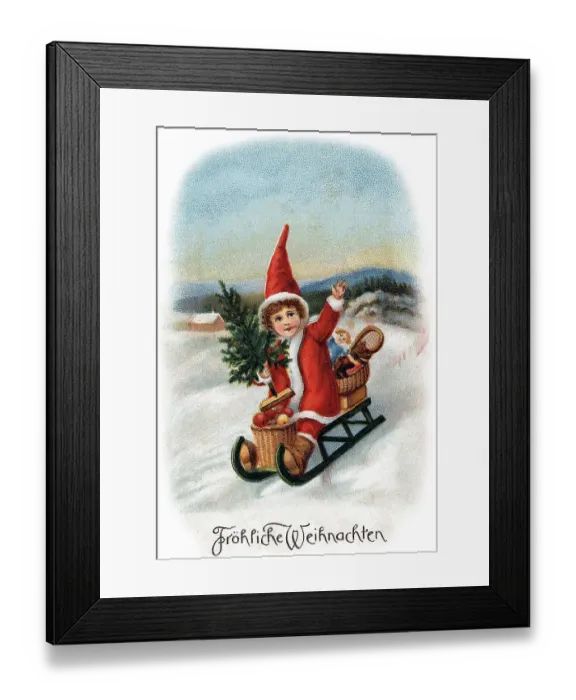 Framed Print : Child sitting on a sleigh, Christmas tree Framed Print : Child sitting on a sleigh, Christmas tree
