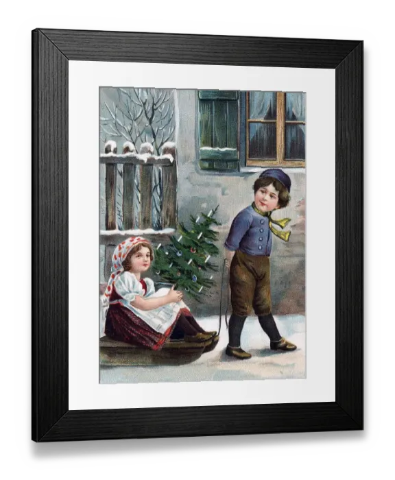 Framed Print : Boy pulling girl on sleigh, Christmas tree Framed Print : Boy pulling girl on sleigh, Christmas tree