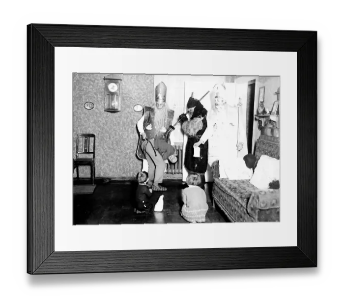 Framed Print : St. Nicolas day: Two saints accompanied by the devil