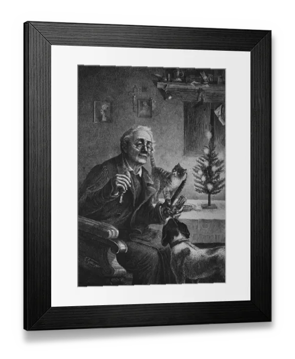 Framed Print : Old batchelor celebrating Christmas with a dog and a cat Framed Print : Old batchelor celebrating Christmas with a dog and a cat