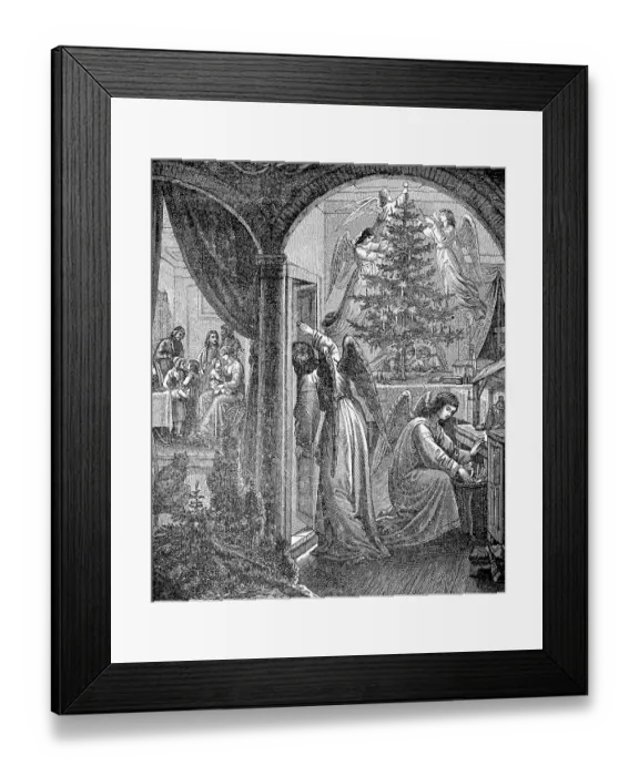 Framed Print : Christmas decorations, angels hide the gifts and decorate the Christmas tree