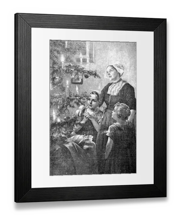 Framed Print : Christmas time, mother and two children in front of Christmas tree with burning candles