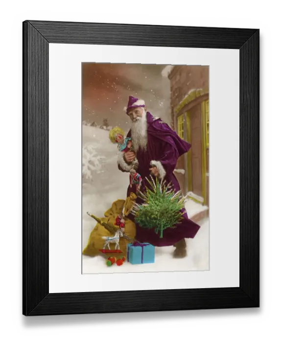 Framed Print : Santa with presents, doll, wooden horse Framed Print : Santa with presents, doll, wooden horse
