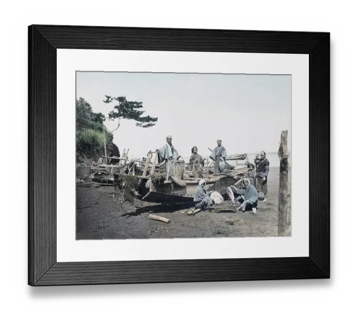 Framed Print : Fishermen and boat, Japan, Asia