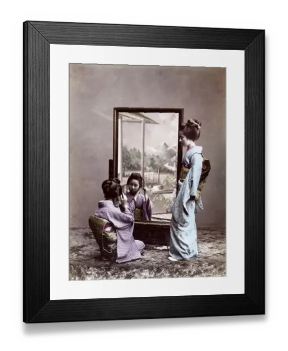 Framed Print : Two Geishas in front of mirror, Japan, Asia