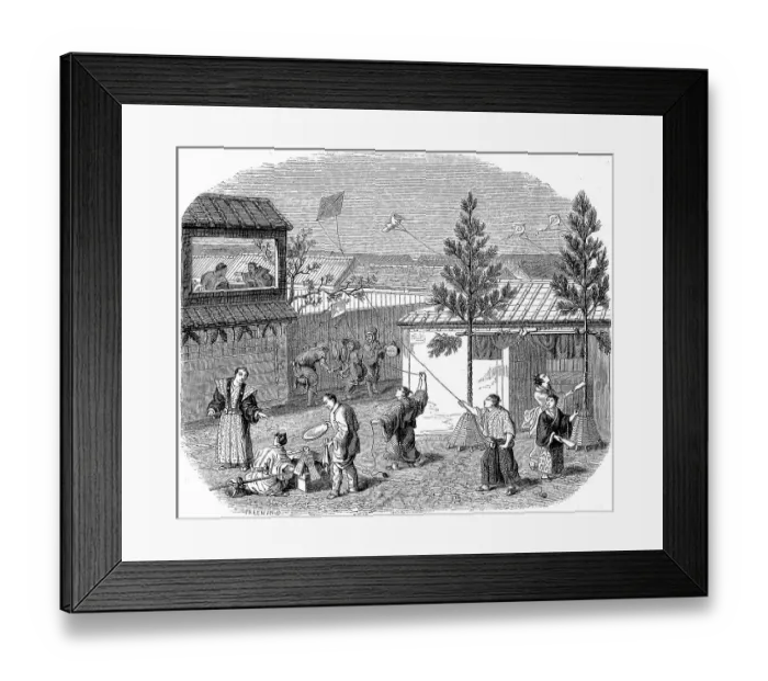 Framed Print : A New Year's Day in Japan, people flying paper kites