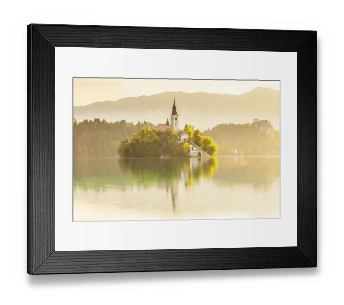 Framed Print : Placid scene of the island of Bled with its church surrounded by the Julian Alps