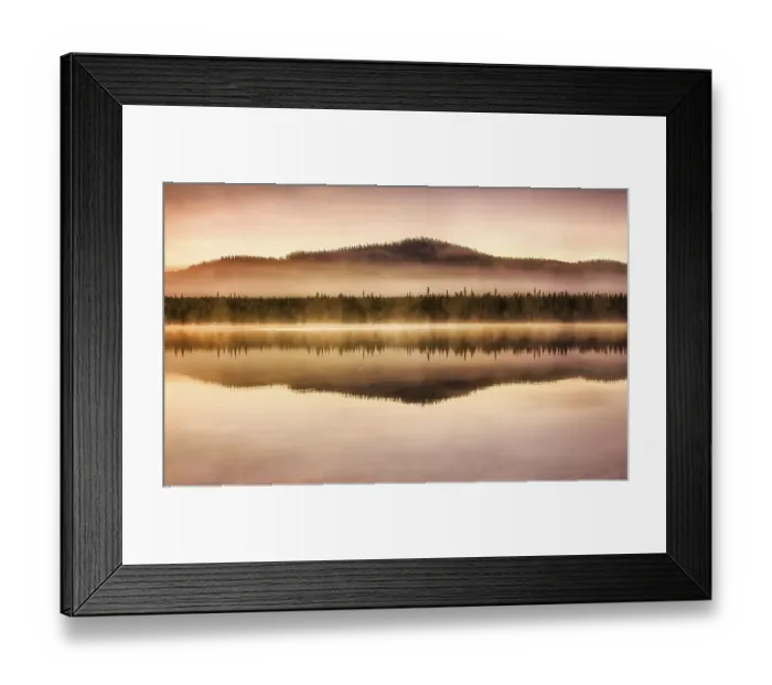 Framed Print : Autumnal fog atmosphere on the lake shore in the evening light