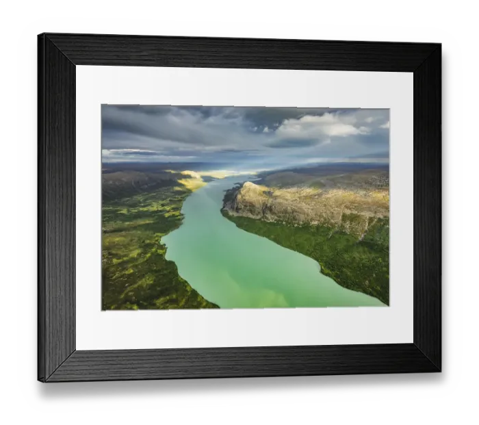Framed Print : Aerial view, green lake in Sarek National Park Framed Print : Aerial view, green lake in Sarek National Park